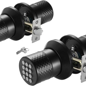Serratura per porta d'ingresso senza chiave con maniglia, manopola per porta con tastiera, serratura automatica, maniglia per porta elettronica nera impermeabile, per casa, ufficio, hotel (YL-98-black-2pc)