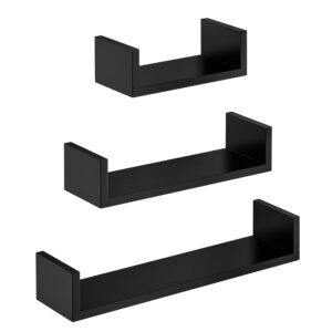 Mensole da parete SONGMICS, set da 3, mensole sospese, lunghezza 30,45,60 mm, finitura lucida, decorative per camera da letto, soggiorno, cucina, corridoio, 15 kg, nero LWS66B