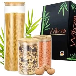 Set di Barattoli in Vetro Borosilicato con Tappo in Bambù - Chiusura ermetica - Tappo in legno - Vetro Borosilicato - Design - Cucina - Accessori