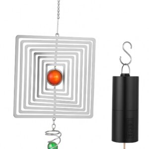 Wind Spinner Decorativo in Acciaio Inox con Sfera Colorata e Motore Rotante Elettrico – Decorazione da Giardino, Balcone o Casa – Effetto 3D Riflettente e Rotazione Automatica