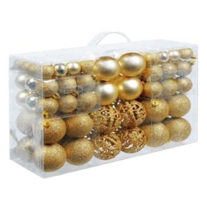 Set di 100 Palline di Natale Dorate – Mix di Finiture e Dimensioni – Infrangibili in Plastica Effetto Vetro
