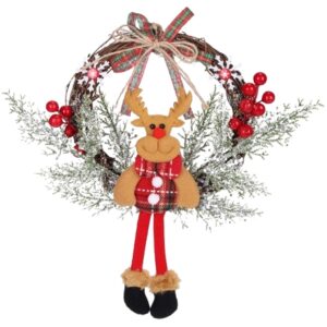 Ghirlanda Natalizia con Renna 35×33 cm – Decorazione per Porta o Parete con Bacche Rosse, Foglie Innevate e Fiocco – Leggera (87 g) – Addobbi di Natale per Casa e Ingresso