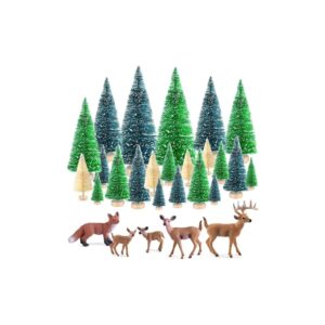 Set da 25 Mini Alberi in Sisal con Figure Animali – Alberi Innevati per Diorami, Presepi, Villaggi Natalizi e Decorazioni da Tavolo