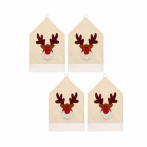 Set di 4 Copri Sedia Natalizi con Renne – 50x60 cm – Coprisedia in Panno Color Panna e Bianco con Pon Pon – Decorazioni Natalizie per Casa e Tavola