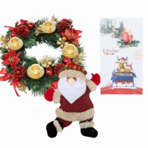 Confezione Regalo Natalizia – Ghirlanda Portacandele 30×30 cm + Pupazzo Babbo Natale 18×13 cm + Biglietto d’Auguri Glitterato con Busta – Set Decorazioni e Regalo di Natale