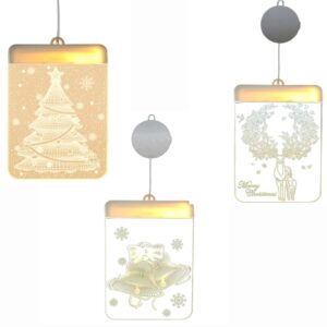 Set 3 Luci LED Natalizie da Finestra con Adesivo – Decorazioni in Plexiglass Luce Calda, Albero di Natale, Cerbiatti Merry Christmas e Campanelle – 11,5 x 16 cm [Classe di efficienza energetica A]