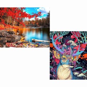Dipingere con i Numeri per Adulti – Set 2 Kit Paint by Numbers 40x50 cm – Cervo Astratto Colorato & Fiume e Foresta d’Autunno – Quadri Fai da Te Senza Cornice