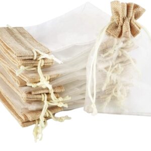 Set da 30 Sacchetti Regalo in Organza con Tela di Iuta – 10×15 cm – Riutilizzabili con Cordoncino