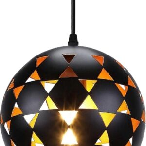 Lampada a Sospensione Industriale Retrò E27 in Metallo Nero e Oro – Design a Spirale Forata, Cavo Regolabile 1,5 m, Illuminazione da Soffitto per Interni [Classe di efficienza energetica A]