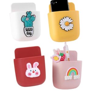 Organizer da Parete Porta Telecomandi e Portaoggetti – Set 8 Pezzi con Adesivo – Porta Cellulare con Foro per Ricarica – Design Arcobaleno, Margherita, Cactus e Coniglietto