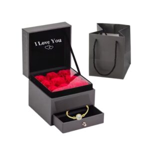 Rosa Eterna con Braccialetto Regolabile Donna – Scatola Regalo con 9 Rose Decorative in Schiuma – Idea Regalo San Valentino, Compleanno, Anniversario per Fidanzata, Mamma, Moglie