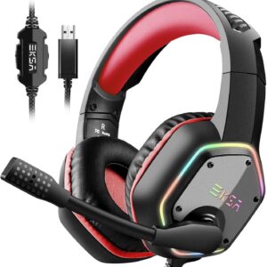 EKSA E1000 Cuffie da gioco USB - Cuffie per PC con microfono/microfono con cancellazione del rumore, Cuffie cablate con audio surround 7.1 e luce RGB - Cuffie da gioco per laptop console PS4/PS5 Rosso