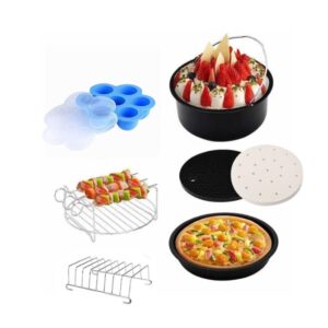 Set Accessori per Friggitrice ad Aria Piccola – 7 Pezzi con Teglia con Manico Fisso, Carta Forno Traforata, Tappetino in Silicone, Stampo Muffin, Griglie per Spiedini e Toast