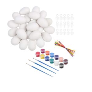 Set Uova di Pasqua da Decorare – 96 Uova Bianche in Plastica (3 Sacchetti x 32) con Ganci e Nastri + Tempere e 3 Pennelli – Kit Creativo per Bambini e Famiglia, Decorazioni Pasquali