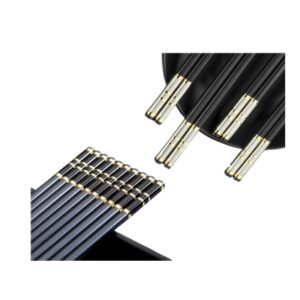 Set 10 Paia Bacchette Sushi Riutilizzabili – Bacchette Giapponesi Antiscivolo, 5 Nere con Profilo Oro + 5 con Punta Dorata, Lavabili e Resistenti al Calore
