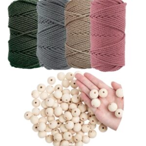 Set Perline in Legno Naturale con Foro + Corda Macramè 4mm – Kit Fai da Te per Gioielli, Ghirlande e Decorazioni Casa – 4 Colori Corda (Rosa, Verde, Beige, Grigio)
