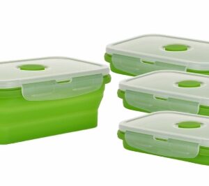 Set 4 Contenitori Pieghevoli in Silicone Verde Lime, Ciotole con Coperchio Ermetico, Salvaspazio, Adatte a Microonde e Freezer, per Cucina, Viaggio e Campeggio