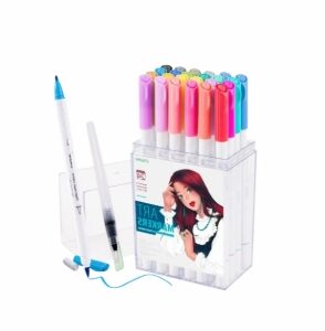 Set Pennarelli Artistici 24 Colori + Penne ad Acqua, Doppia Punta, Inchiostro a Base Alcolica, Pennelli con Serbatoio per Effetto Acquerello e Sfumature Professionali