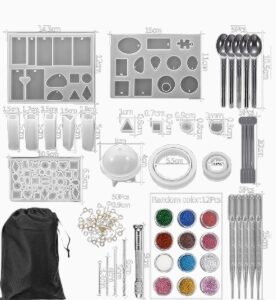 Kit Stampi Silicone per Resina Epossidica per Gioielli Fai da Te – Stampi per Orecchini, Ciondoli e Portachiavi + Trapano a Mano, Occhielli Oro/Argento, Glitter e Tazza di Misurazione 100 ml