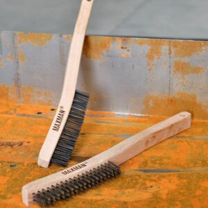 Set di spazzole metalliche, resistente in acciaio al carbonio e filo di acciaio inossidabile, spazzola antigraffio per la pulizia della ruggine con manico curvo in legno di faggio, 2 pezzi, grande