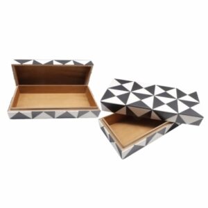 Set 2 Scatole Decorative Bianco e Nero con Motivo Geometrico – Organizer Multiuso in Resina e MDF, Eleganti e Artigianali