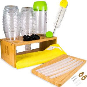 Portabottiglie Premium in Bambù per SodaStream con Spazzola, Panno in Microfibra e Cannucce – Supporto Scolabottiglie Compatibile con Modelli Crystal, Easy, Fuse e Altri
