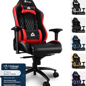 KLIM eSports - Sedia gaming rossa di Alta Qualità + Supporto Lombare e Cervicale + Reclinabile + Poltrona Gaming Ergonomica e Regolabile + Pelle Sintetica e Materiali Premium [NUOVA VERSIONE]