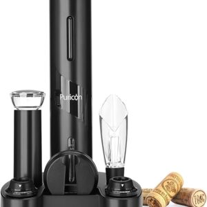 Puricon Set di Apribottiglie Elettrico, Cavatappi Elettrici Professionali, Stappa Bottiglie Elettrici con Supporto, Pompa Sottovuotoe Tappi di Vino Versatore e Taglia Stagnola