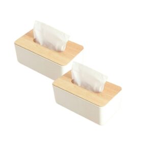 Set 2 Porta Fazzoletti in Plastica con Coperchio in Legno – Dispenser Rettangolare Elegante, Bianco + Effetto Legno, 23x13x10 cm – Ideale per Casa, Ufficio, Bagno e Auto