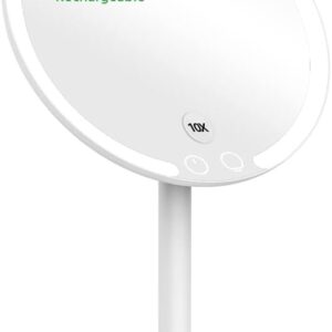 Specchio per il trucco EASEHOLD 10X ricaricabile con illuminazione integrata, 3 modalità di colore, rotazione a 3 gradi con 46 LED, luce naturale dimmerabile, specchio cosmetico circolare da appoggio rimovibile.