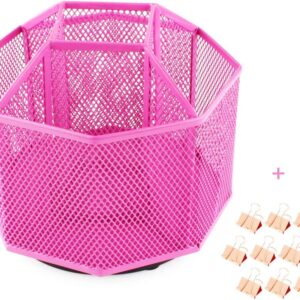 Portapenne Girevole 360° Rosa – Organizer Scrivania con 5 Scomparti – Porta Oggetti in Metallo Mesh con 10 Clip Oro Rosa – Porta Penne per Ufficio, Casa e Scuola