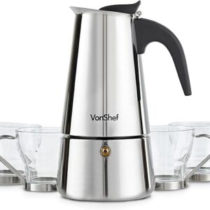 VonShef Macchina per caffè espresso da 6 con 4 tazzine di vetro – Acciaio inox