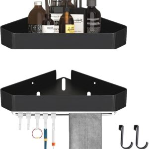 Mensole ad Angolo per Bagno Doccia 2 Pezzi Treppiede da Bagno con 7 Ganci Senza Foratura Mensola Doccia (Nero)