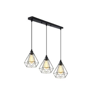 Lampada a Sospensione Industriale Vintage 3 Luci E27, Lampadario da Soffitto Nero in Metallo con Design Geometrico, Illuminazione per Cucina, Sala da Pranzo e Soggiorno