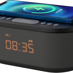 Sveglia da comodino i-box, sveglia con ricarica wireless, altoparlante Bluetooth, radiosveglia, caricabatterie wireless Qi veloce, alimentazione di rete, radio FM, porta di ricarica USB, dimmerabile, silenziosa.