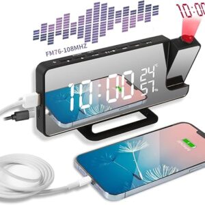 Sveglia con Proiettore Sveglia da Comodino Orologio Digitale con Temperatura Umidità e Uscita USB Ricarica con Rotazione di 180 °Luminosità Regolabile da 7,5 Pollici Schermo LED Funzione Radio FM
