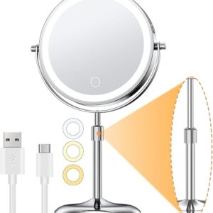 Gospire Specchio da trucco luminoso con ingrandimento 10x, altezza regolabile e 3 luci di colore a intensità variabile, specchio cosmetico da 17,8 cm, girevole a 360°, specchio di cortesia doppio