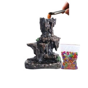 Bruciatore di Incenso a Riflusso con Cascata di Fumo – Porta Incenso Decorativo in Resina con Coni e Bastoncini Profumati Inclusi – Accessorio Zen per Meditazione, Yoga, Relax e Aromaterapia