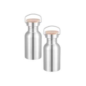 Set da 2 Borracce in Acciaio Inox 350 ml – Bottiglie Riutilizzabili con Coperchio in Bambù e Maniglia – Senza BPA – Lavabili in Lavastoviglie – Design Elegante Lucido