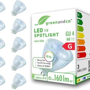 greenandco 10x MR11 GU4 | sostituisce 30W | bianco caldo 3000K | IRC 90+ | 3W 160 lm | 38° | senza sfarfallio | 12V AC/DC | non dimmerabile [Classe di efficienza energetica G]