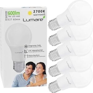 Lumare Lampadina LED E27 7W Bianco Caldo 2700K | 600 Lumen | 25,000 Ore | Sostituisce 60W | Set da 5 [Classe di efficienza energetica F]