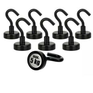 Ganci Magnetici al Neodimio 8 Pezzi – Gancio Magnetico Ultra Forte fino a 5 kg – Magneti con Gancio in Acciaio Nero per Cucina, Bagno, Garage, Officina e Ufficio – 45 x 25 mm