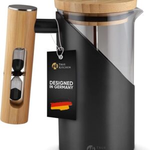 TRUE KITCHEN French Press in acciaio inox + vetro + bambù I caffettiera I ca. 0,5 l (per 3 tazze) I pressa termica a doppia parete isolata I rosso o nero