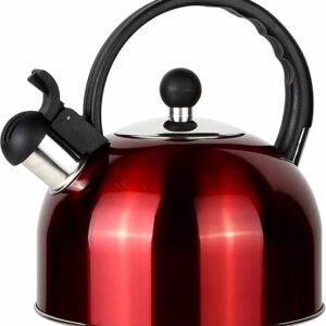 ROSSETTO Bollitore a fischio a induzione, 2,5 l, in acciaio inox, teiera per cucina, bollitore a gas, manico resistente al calore, per tutti i fuochi a induzione, rosso