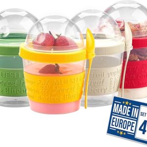 Set di 4 vasetti da asporto Crystalia per yogurt con cucchiaio, 500 ml, 100% senza BPA, vasetti per cereali da asporto con coperchio, vasetto per yogurt e muesli da asporto per la colazione, contenitore per frutta, contenitori per cereali, vasetto per parfait di yogurt con coperchio