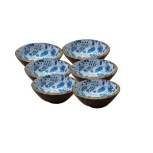 Set 6 Ciotole in Legno di Mango con Finitura Smaltata Floreale – Ciotole Decorative Rustiche per Frutta, Snack e Centrotavola – 15 x 8 cm