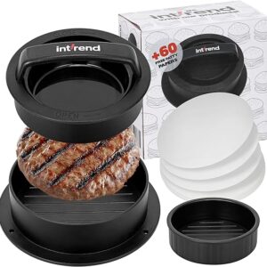 int!rend Pressa per Hamburger - Stampo in Alluminio - Stampi 3 in 1 con 60 Dischi di Carta - Macchina per Hamburger Manuale - Attrezzo Schiaccia Hamburger per Forma Ideale