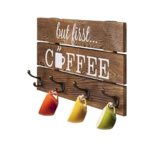 Portatazze da Parete in Legno – Organizer per Tazze da Caffè Stile Farmhouse con Ganci, Scaffale Decorativo Rustico per Cucina, Bar e Ufficio, 40 x 22 cm