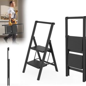 Scala pieghevole a 2 gradini con corrimano, scala domestica antiscivolo, per casa, ufficio, portatile e stabile