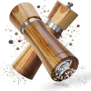 Macinaspezie con meccanismo in ceramica, 16,5 cm, set di macinino per sale e pepe in legno di acacia, macinasale e macinasale di alta qualità con sottovaso, pennello, cucchiaio e confezione regalo